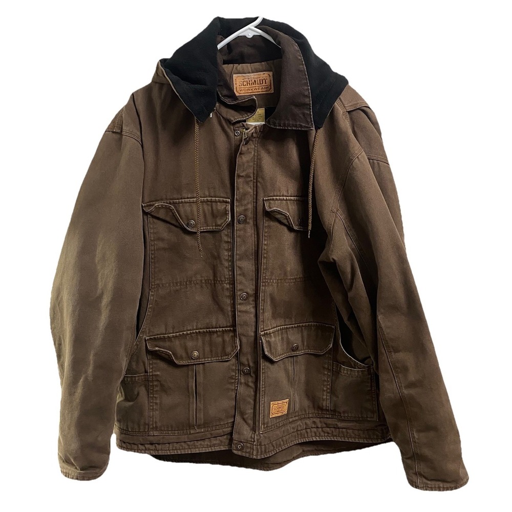 C. E. Schmidt Men's Workwear Heavy Coat Brown Removable Hood Multi Pockets Sz.XL